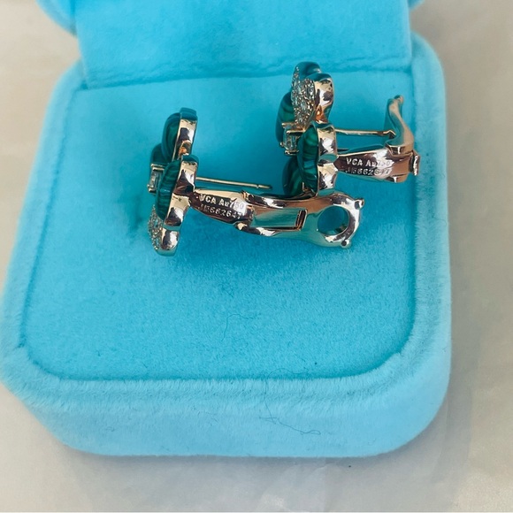 VCA Four Petal Pin Earrings Green Malachite Clear Crystals - Picture 4 of 16